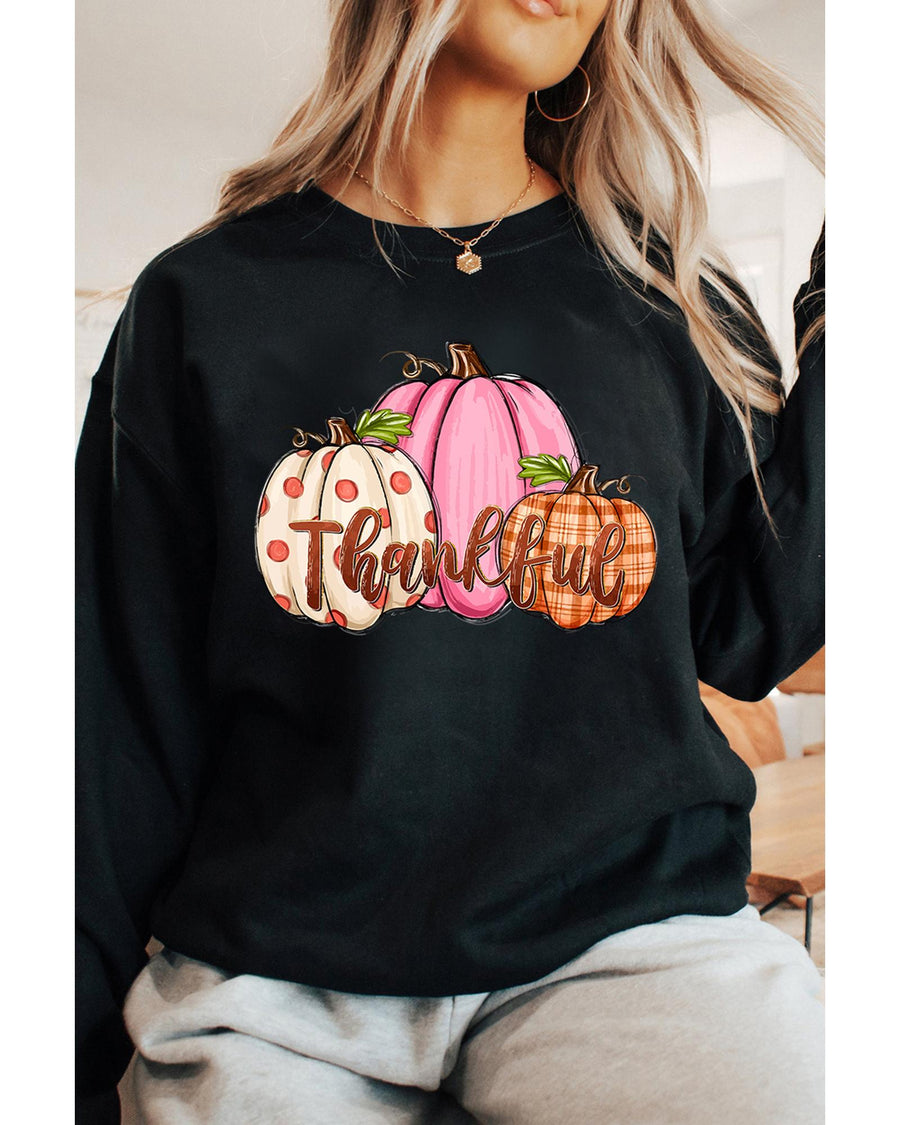 Black Pumpkin Thankful Drop Shoulder Thanksgiving Pullover Sweatshirt - XL