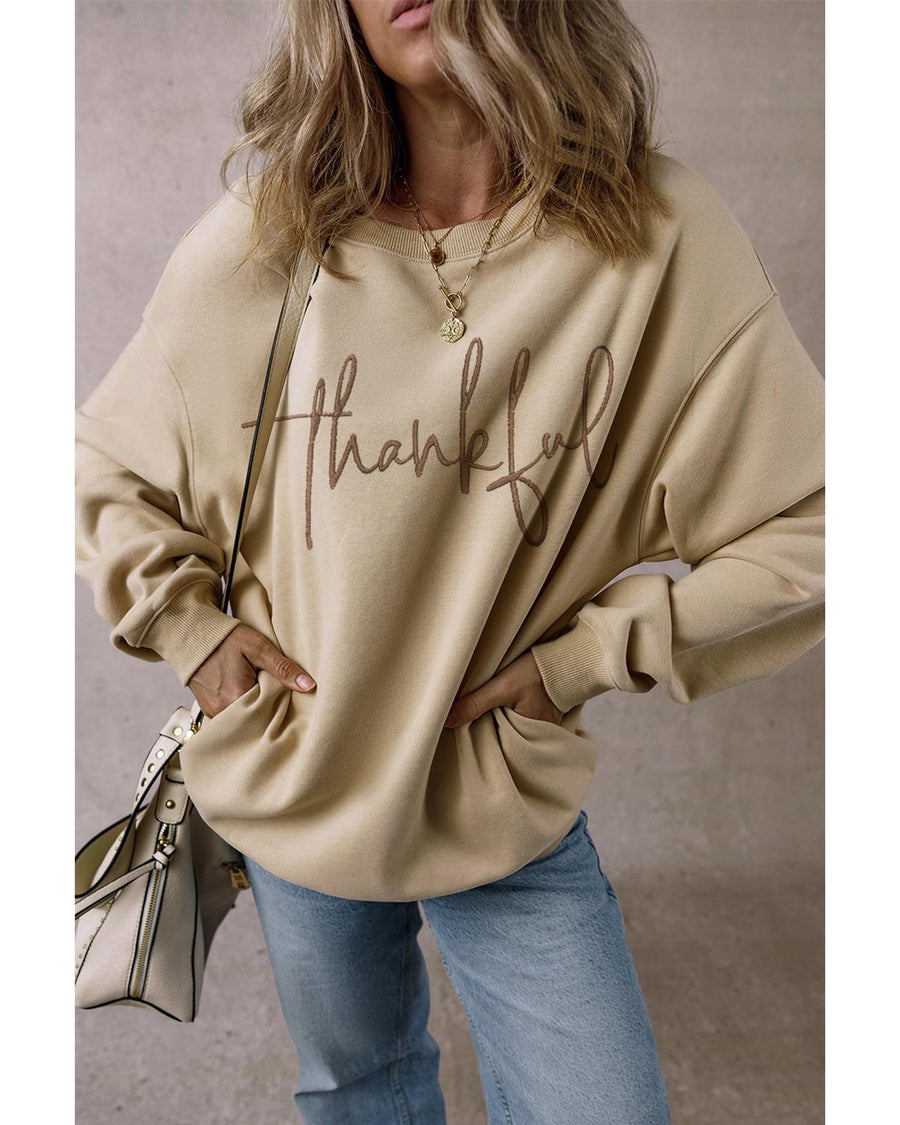 Parchment thankful Embroidered Drop Shoulder Pullover Sweatshirt - M