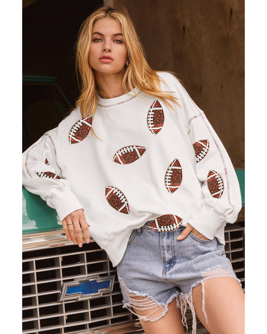 White Sequin Rugby Football Pattern Exposed Seam Game Day Sweatshirt - L
