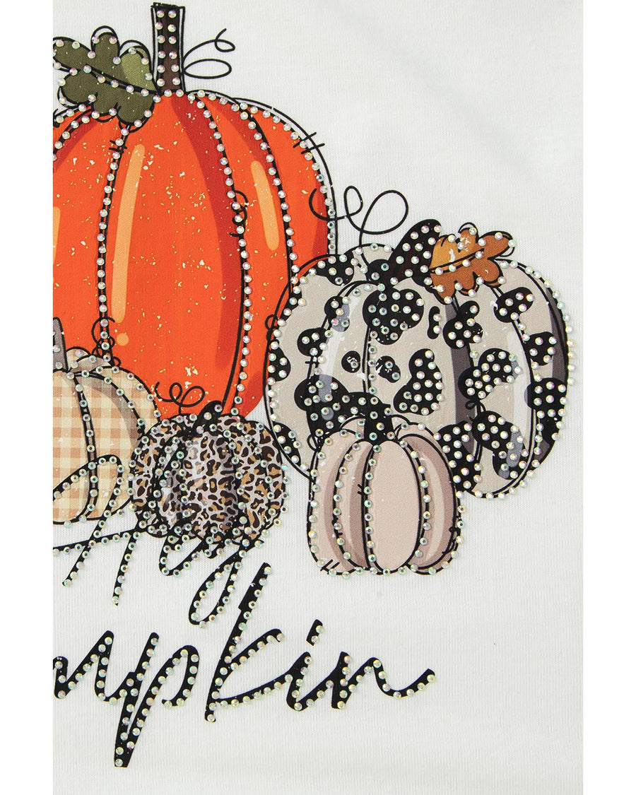 Beige Rhinestone Pumpkin Graphic Crewneck Thanksgiving Sweatshirt - L