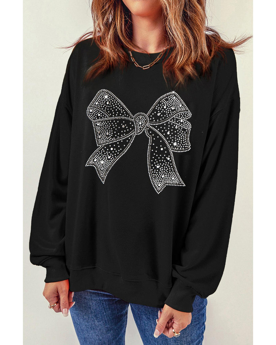 Black Rhinestone Bowknot Graphic Crewneck Pullover Sweatshirt - L