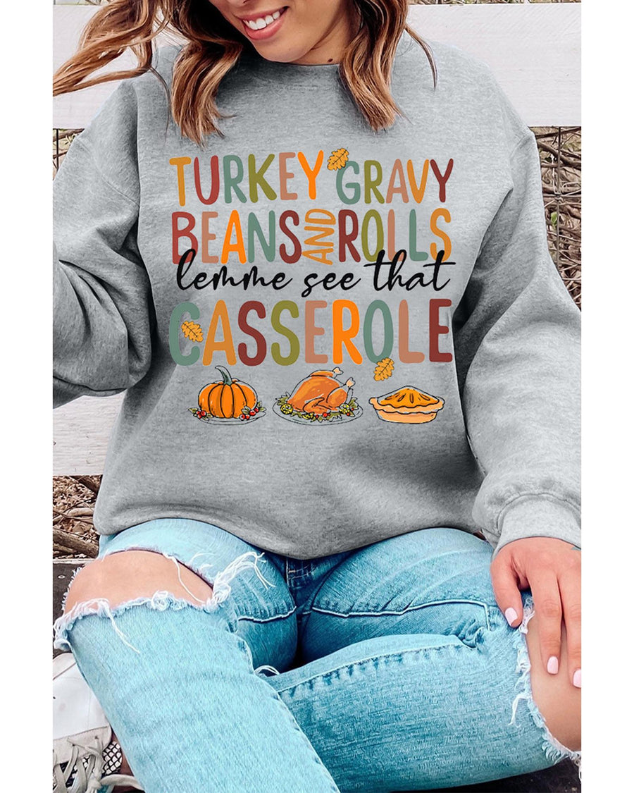 Gray Thanksgiving Slogan Pumpkin Turkey Pie Graphic Sweatshirt - S