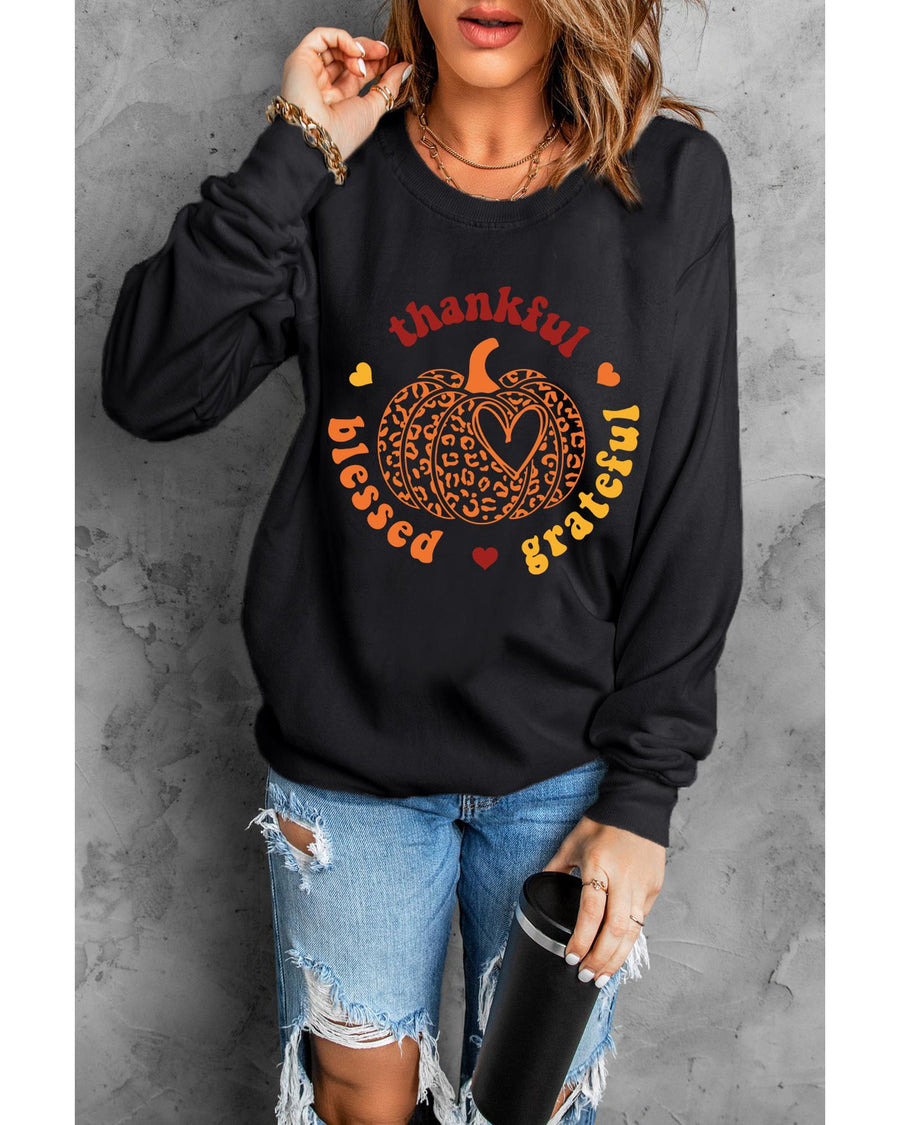 Black Leopard Pumpkin thankful blessed grateful Print Sweatshirt - S
