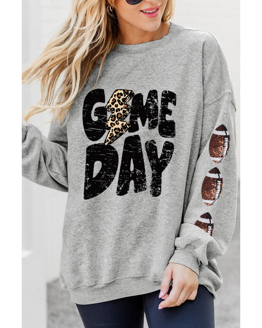 Gray GAME DAY Sequin Rugby Football Drop Shoulder Sweatshirt - S