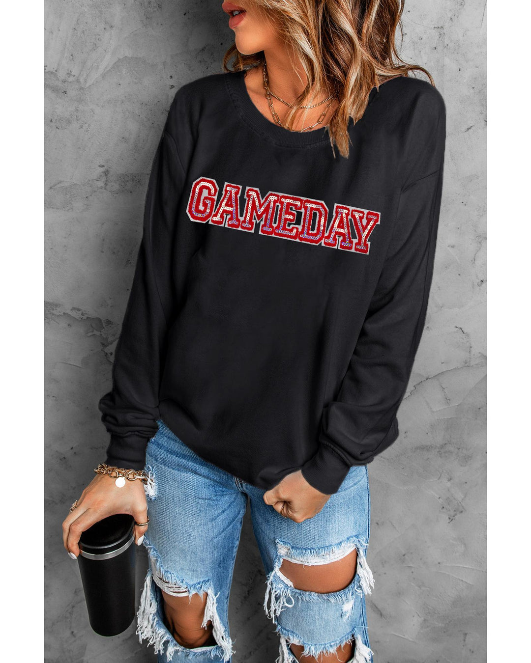 Black Sequined GAME DAY Rugby Football Season Sweatshirt - XL