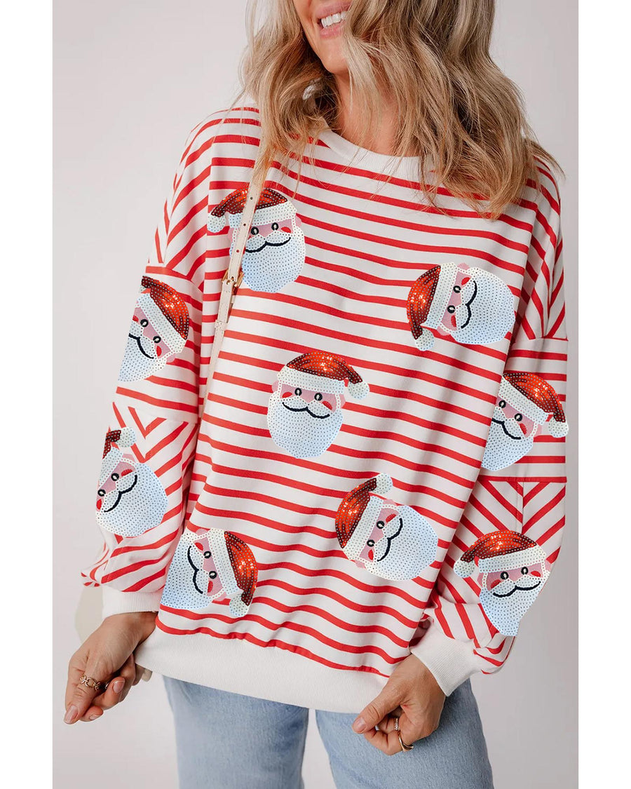 Orange Stripe Striped Sequin Santa Claus Pattern Christmas Pullover Sweatshirt - L