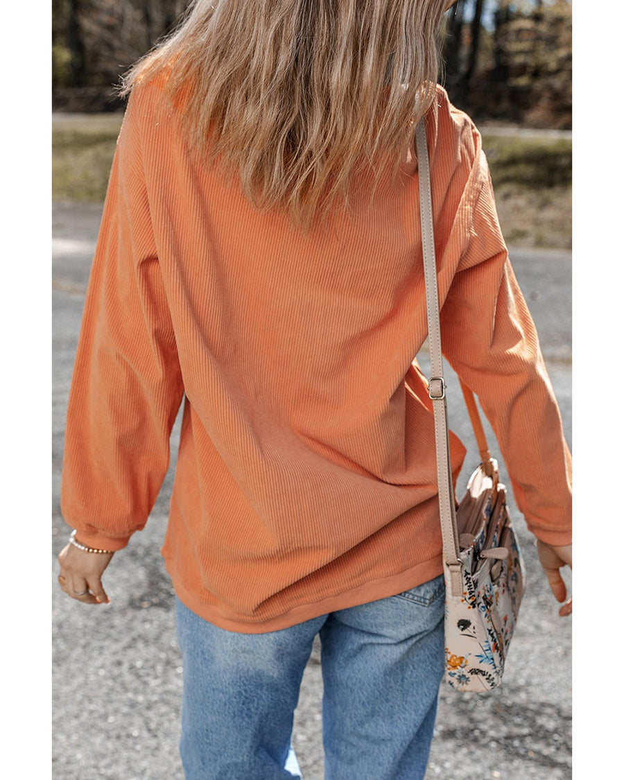 Orange Thankful Ribbed Crew Neck Thanksgiving Sweatshirt - M