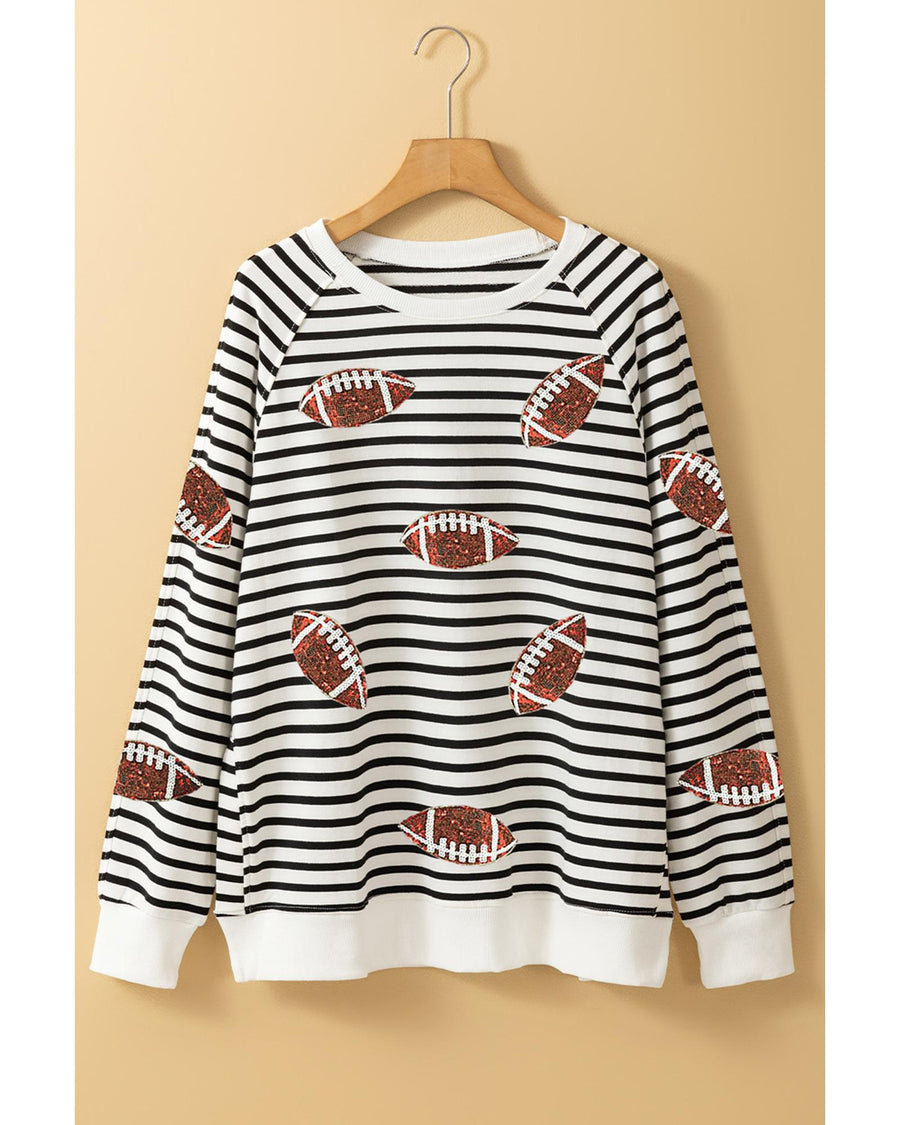 Black Stripe Sequin Rugby Football Side Slits Oversized Sweatshirt - XL