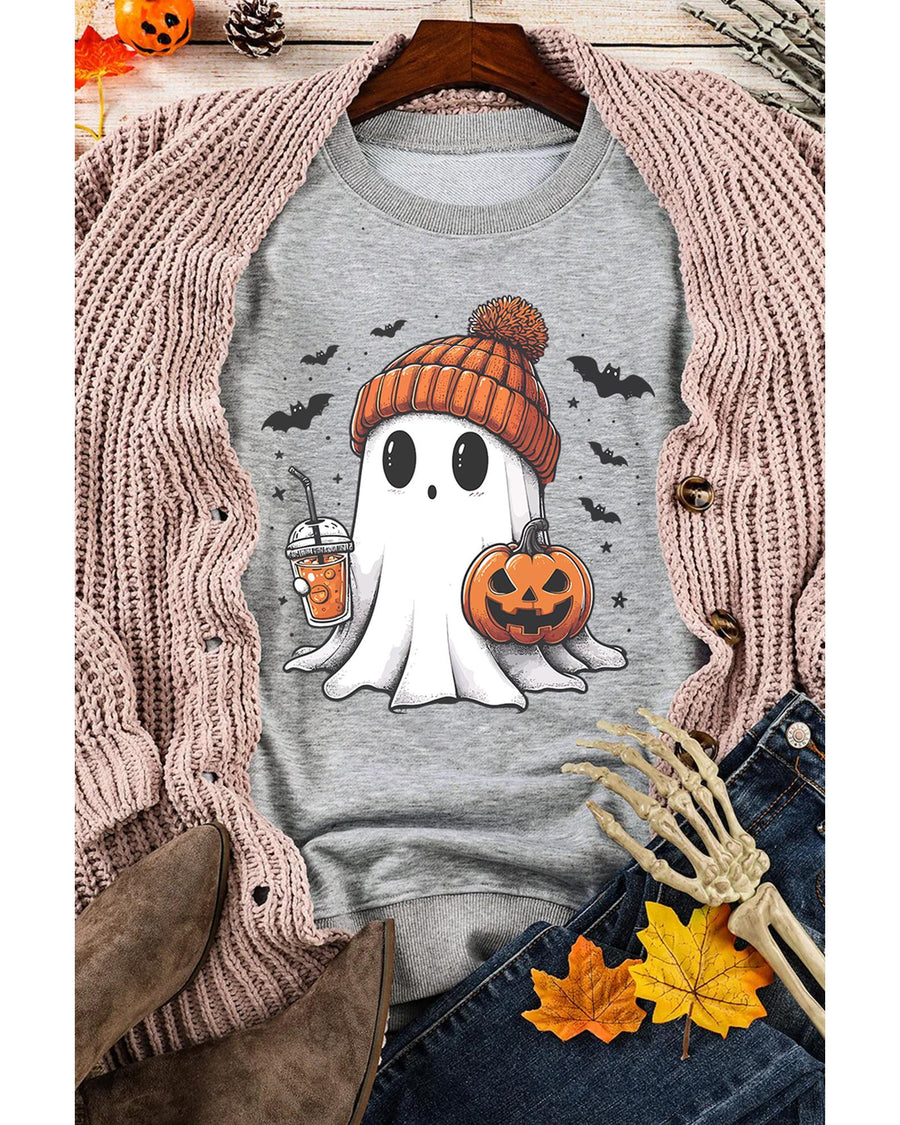 Gray Halloween Ghost Print Crewneck Drop Shoulder Sweatshirt - XL