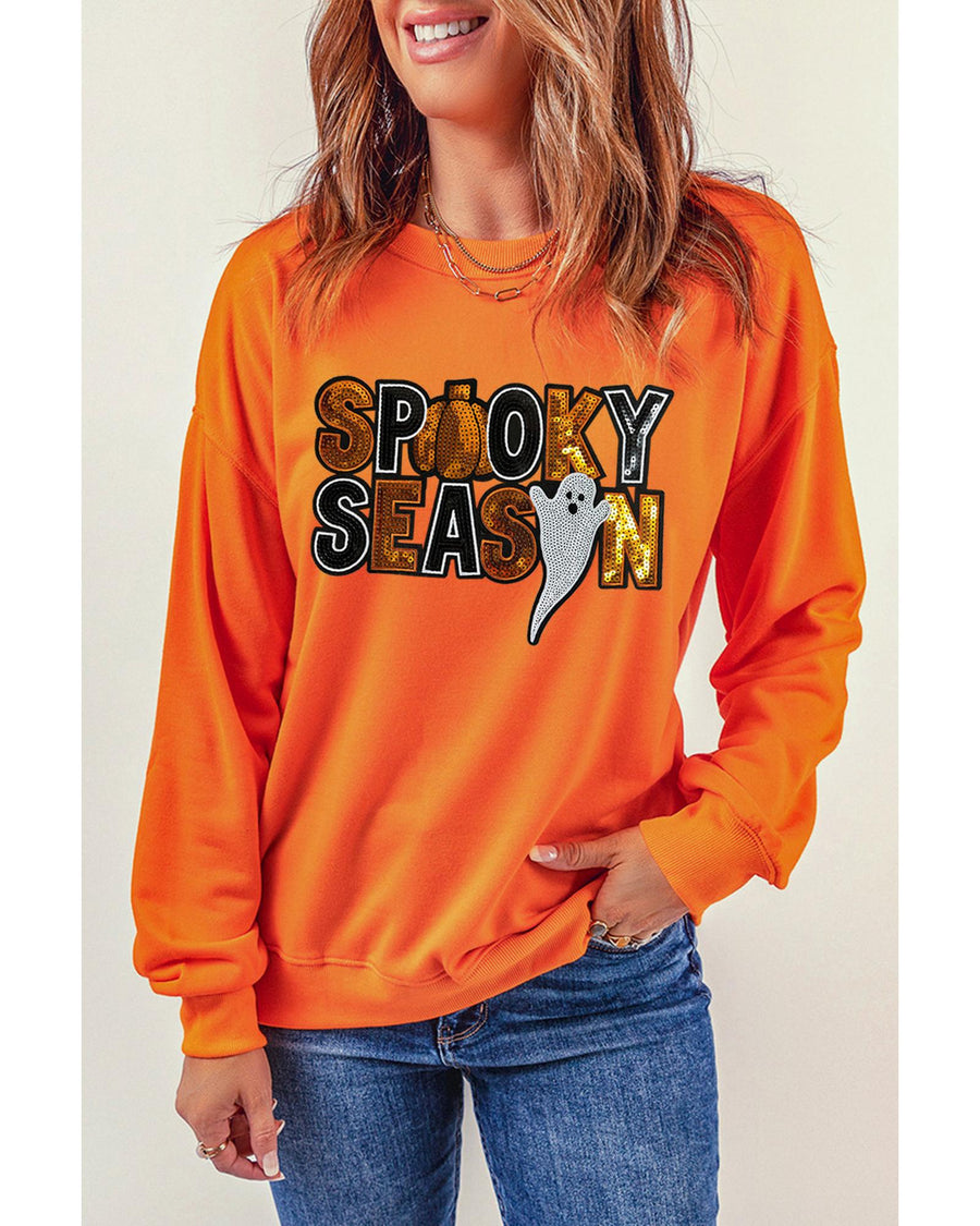 Russet Orange Sequin SPOOKY SEASON Ghost Pattern Halloween Pullover Sweatshirt - XL