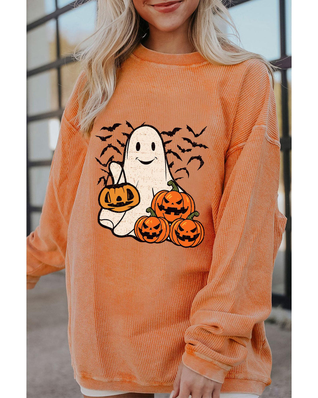 Orange Halloween Ghost Pumpkin Bat Print Corded Pullover Sweatshirt - XL