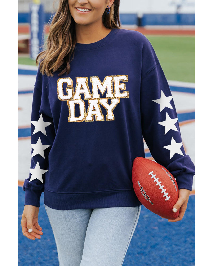 Navy Blue GAME DAY Printed Star Sleeve Crewneck Pullover Sweatshirt - S