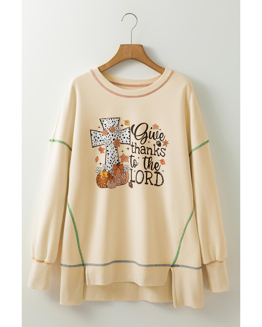 White Give Thanks to the LORD Graphic High Low Hem Loose Sweatshirt - XL
