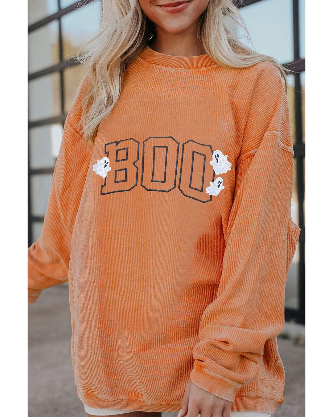 Orange Embroidered BOO Ghost Corded Halloween Sweatshirt - L