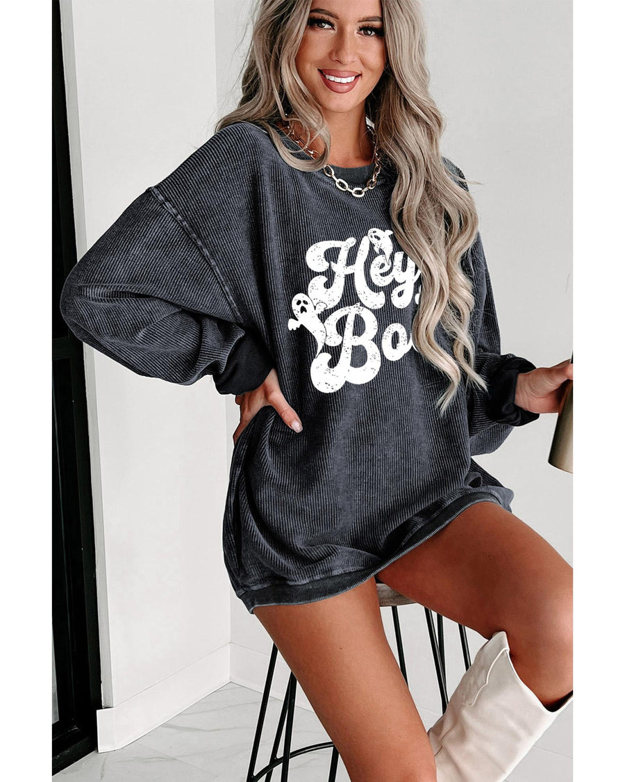 Gray Corded Hey Boo Ghost Graphic Drop Shoulder Halloween Sweatshirt - L