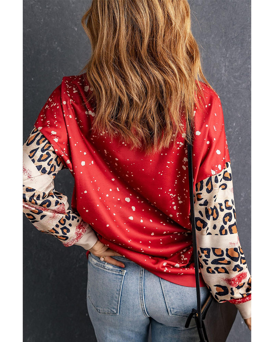 Red YEEHAW COWGIRL Graphic Bleached Scatter Leopard Sleeve Sweatshirt - M
