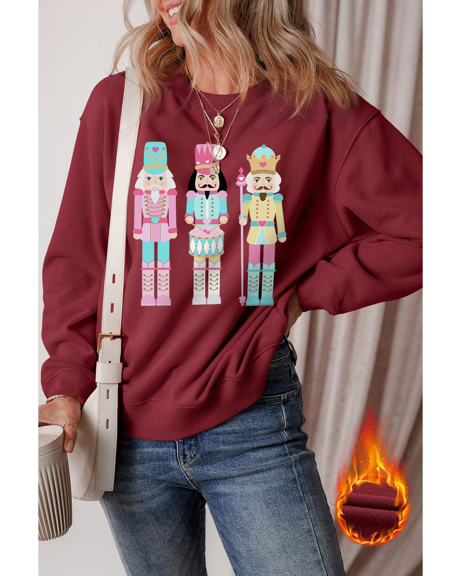 Burgundy Nutcracker Graphic Drop Shoulder Christmas Sweatshirt - S