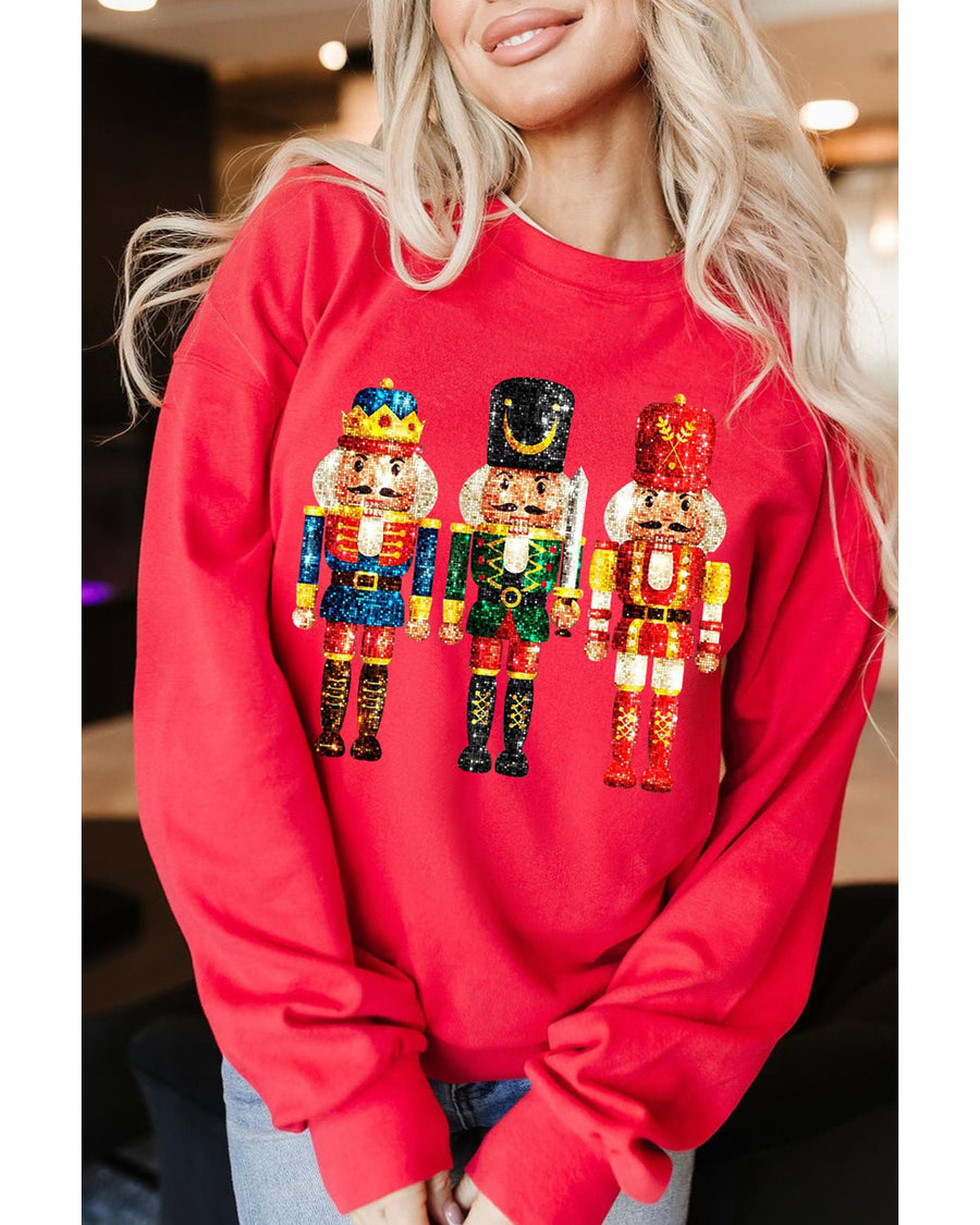 Red Christmas Metallic Nutcracker Graphic Crew Neck Sweatshirt - L