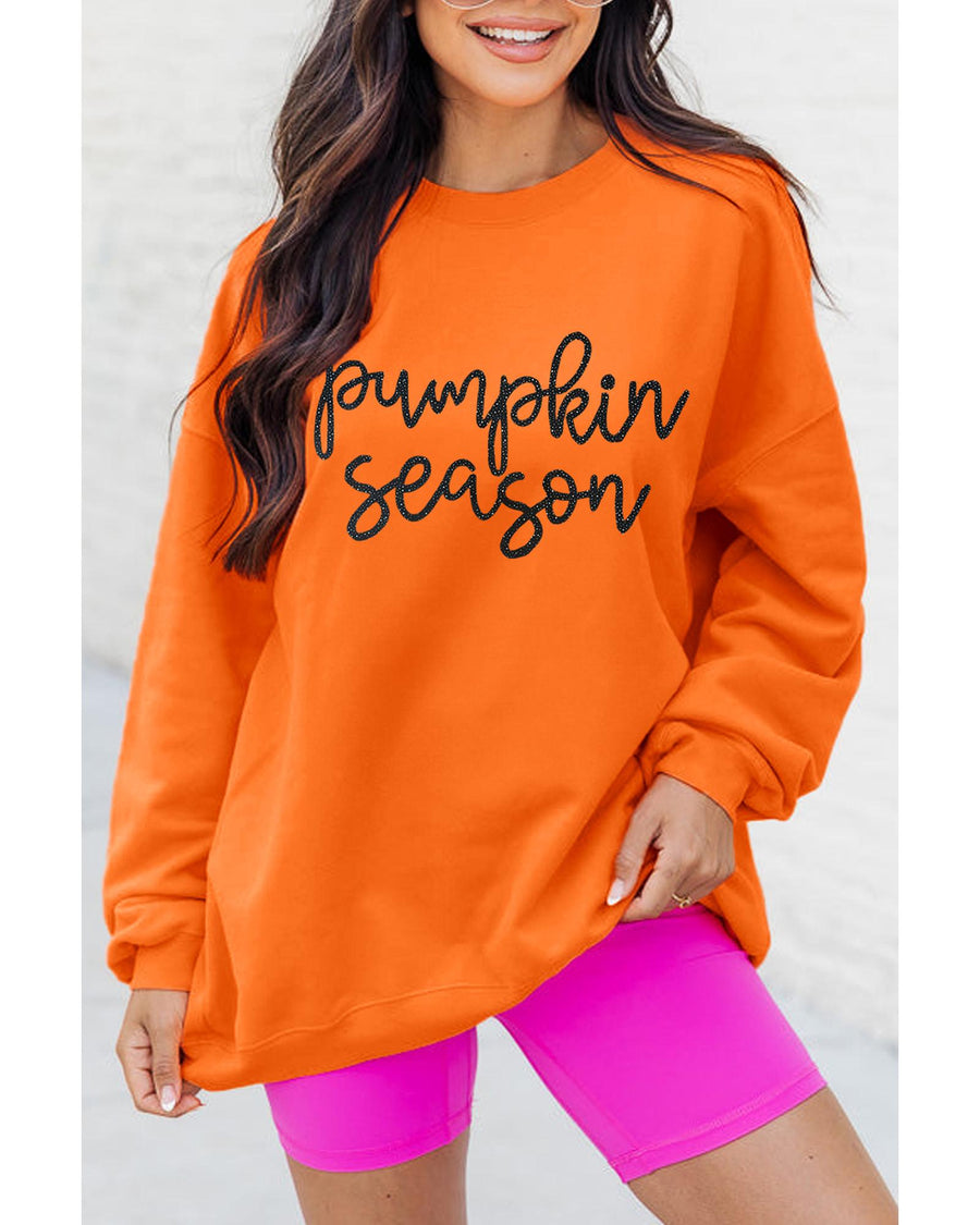 Russet Orange Glittering Pumpkin Season Graphic Drop Shoulder Pullover Sweatshirt - S