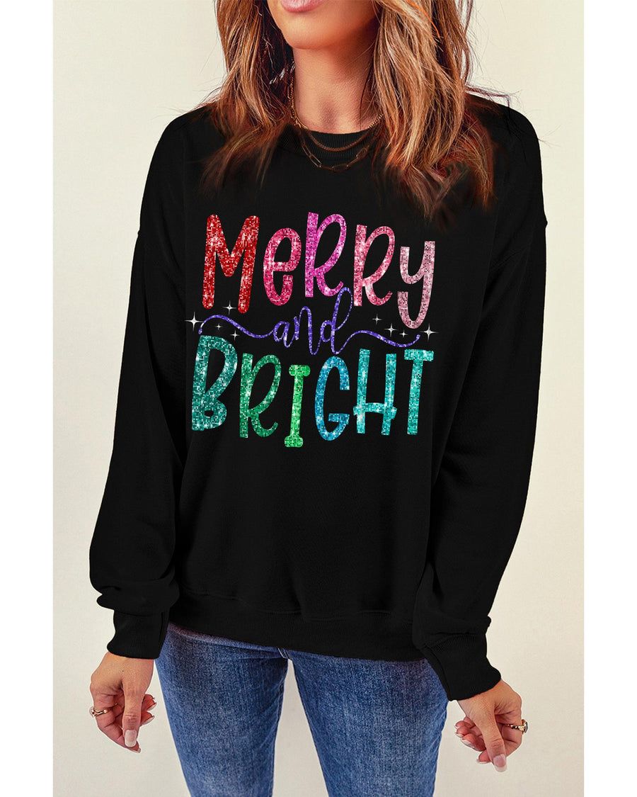 Black Glittering Merry and Bright Graphic Christmas Pullover Sweatshirt - S