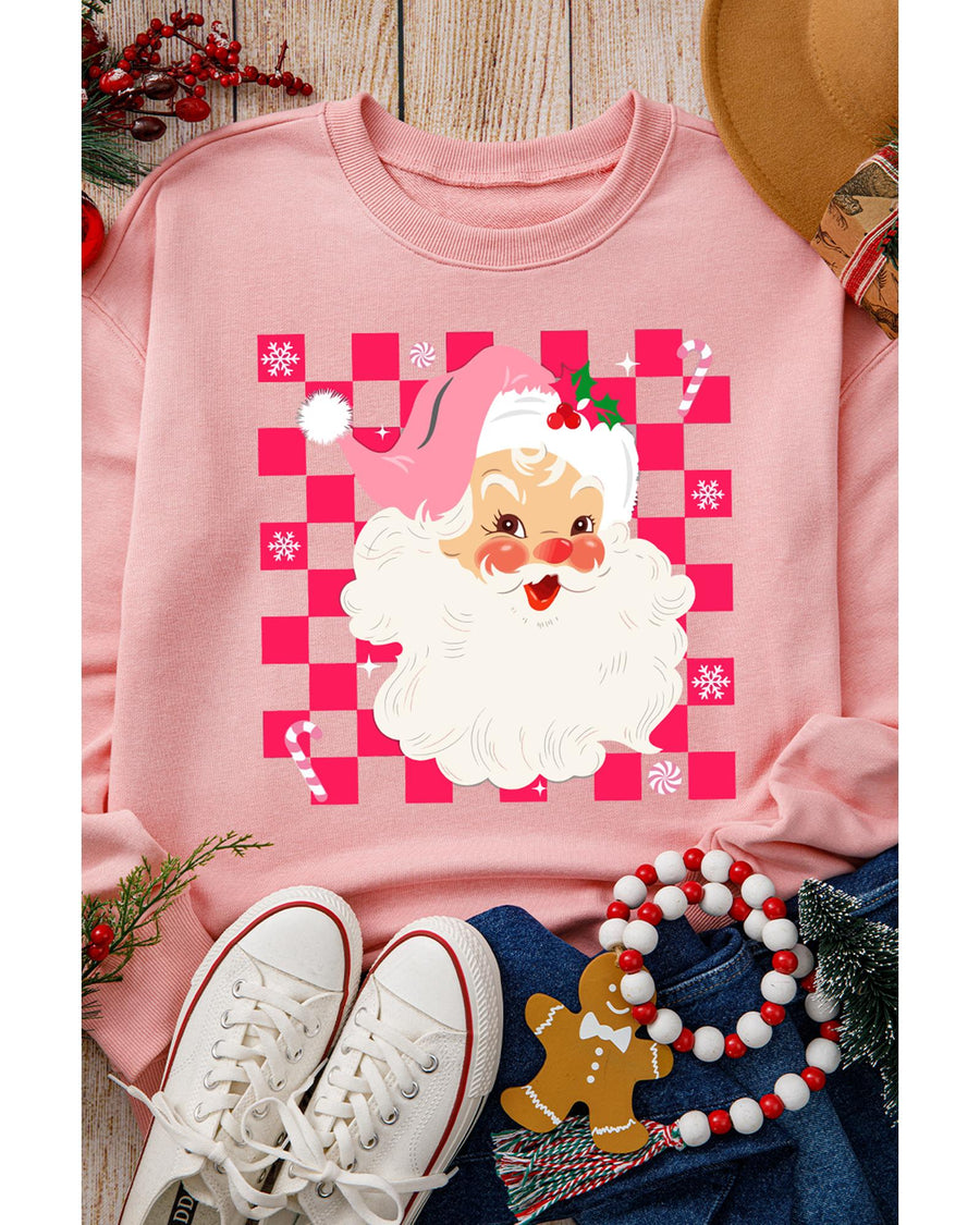 Pink Fancy Checkered Father Christmas Graphic Sweatshirt - S