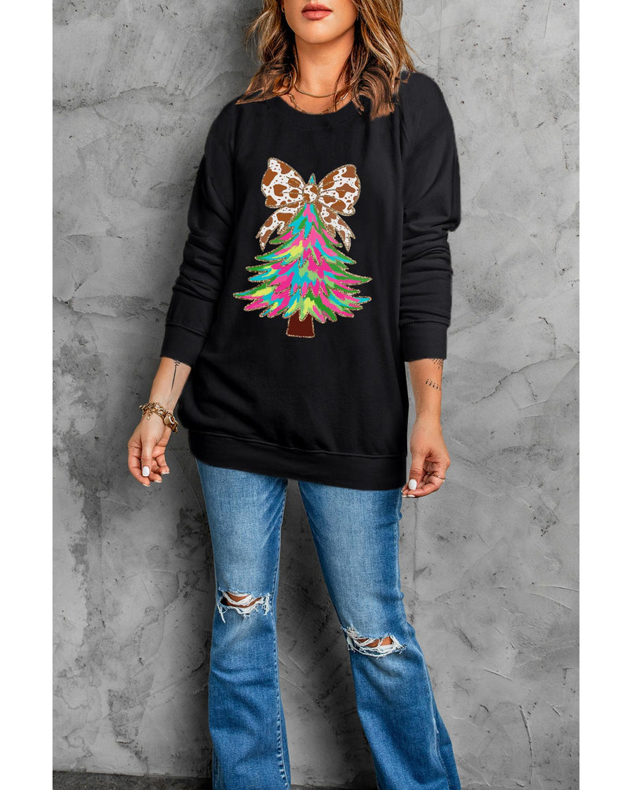 Black Bowknot Christmas Tree Shiny Graphic Sweatshirt - XL