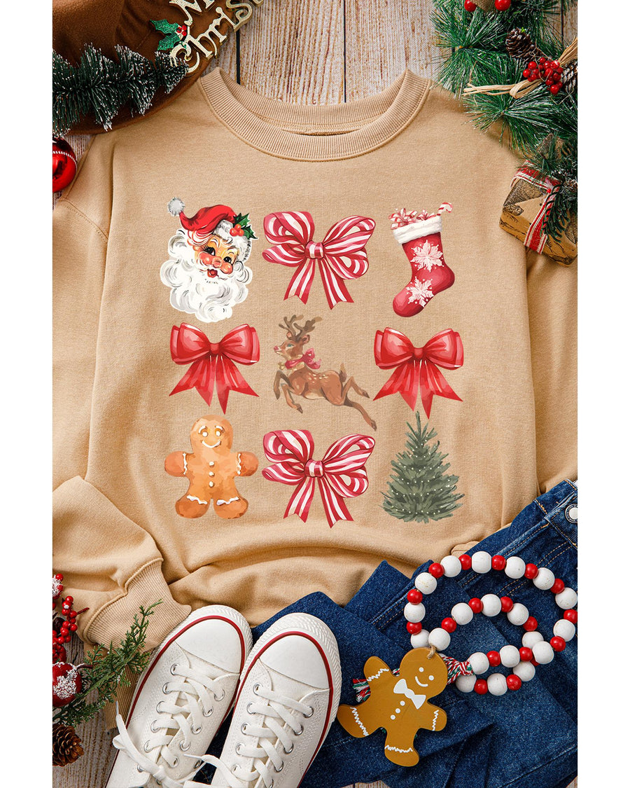 Khaki Christmas Pattern Graphic Crew Neck Sweatshirt - XL