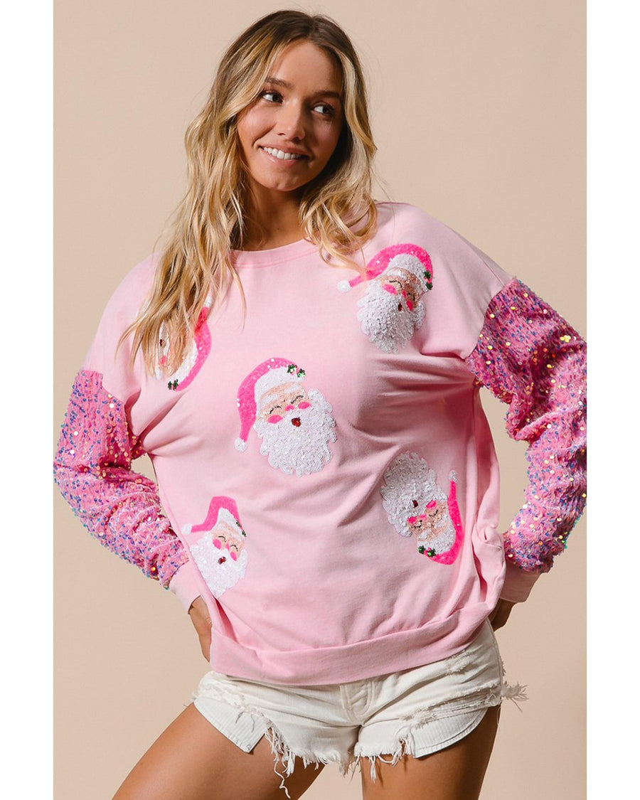 Pink Sequined Santa Claus Long Sleeve Christmas Sweatshirt - S