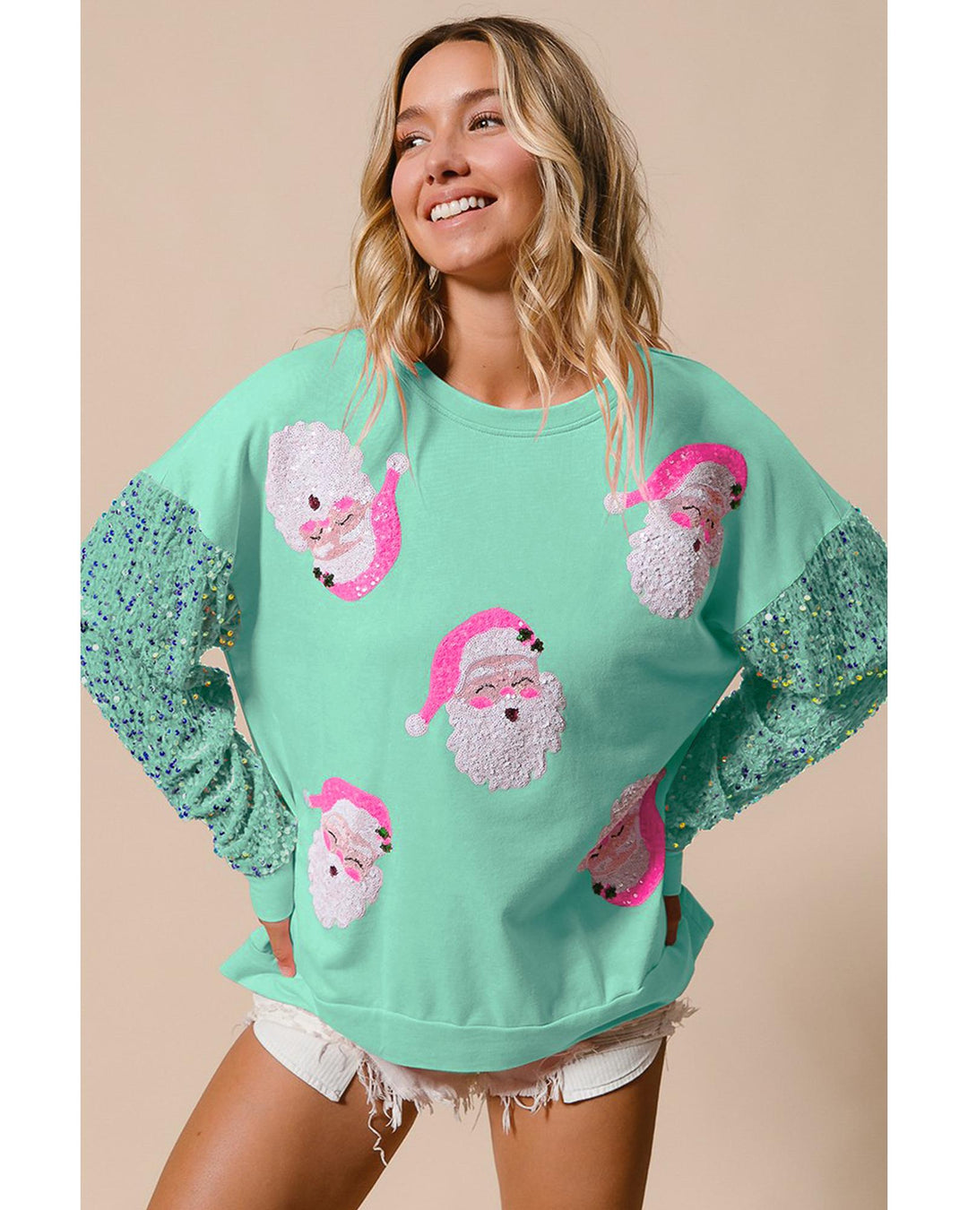 Moonlight Jade Sequined Santa Claus Long Sleeve Christmas Sweatshirt - S