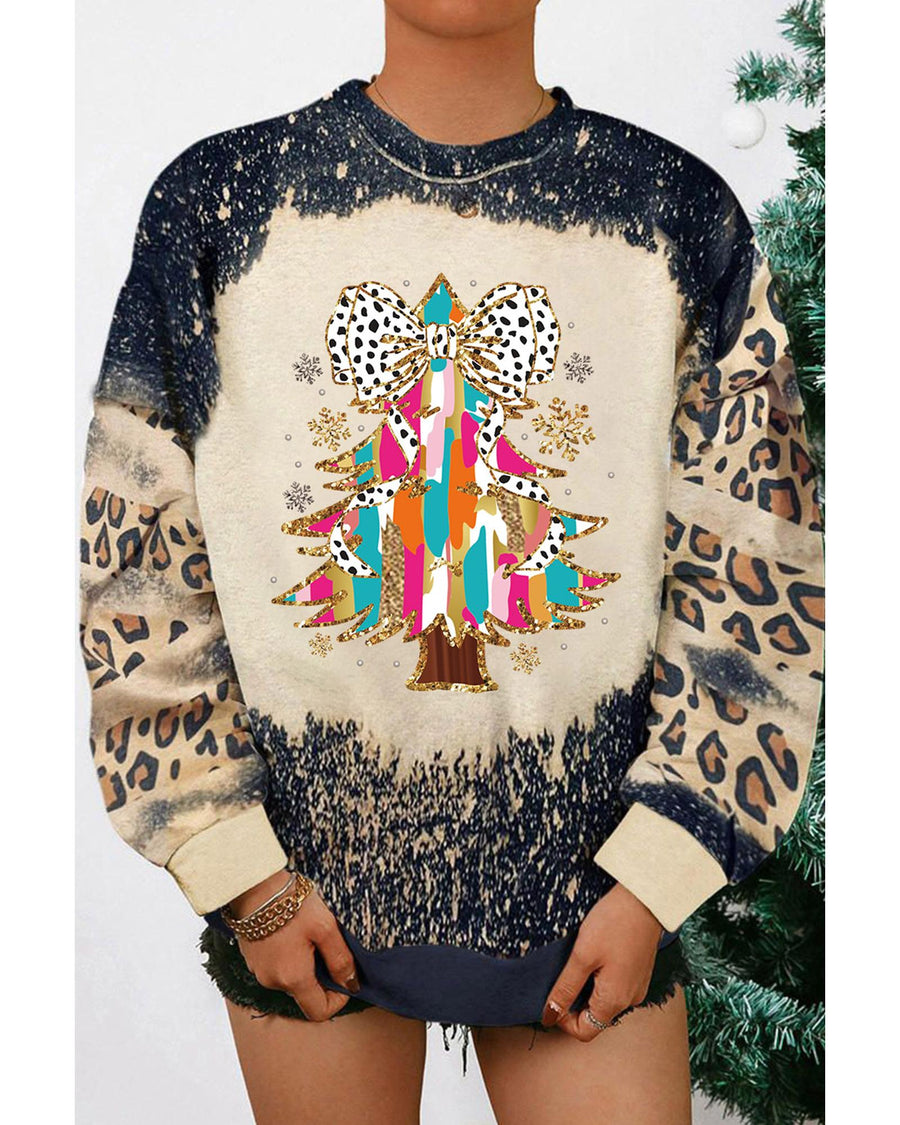 Black Christmas Tree Graphic Bleached Leopard Tie Dye Sweatshirt - L