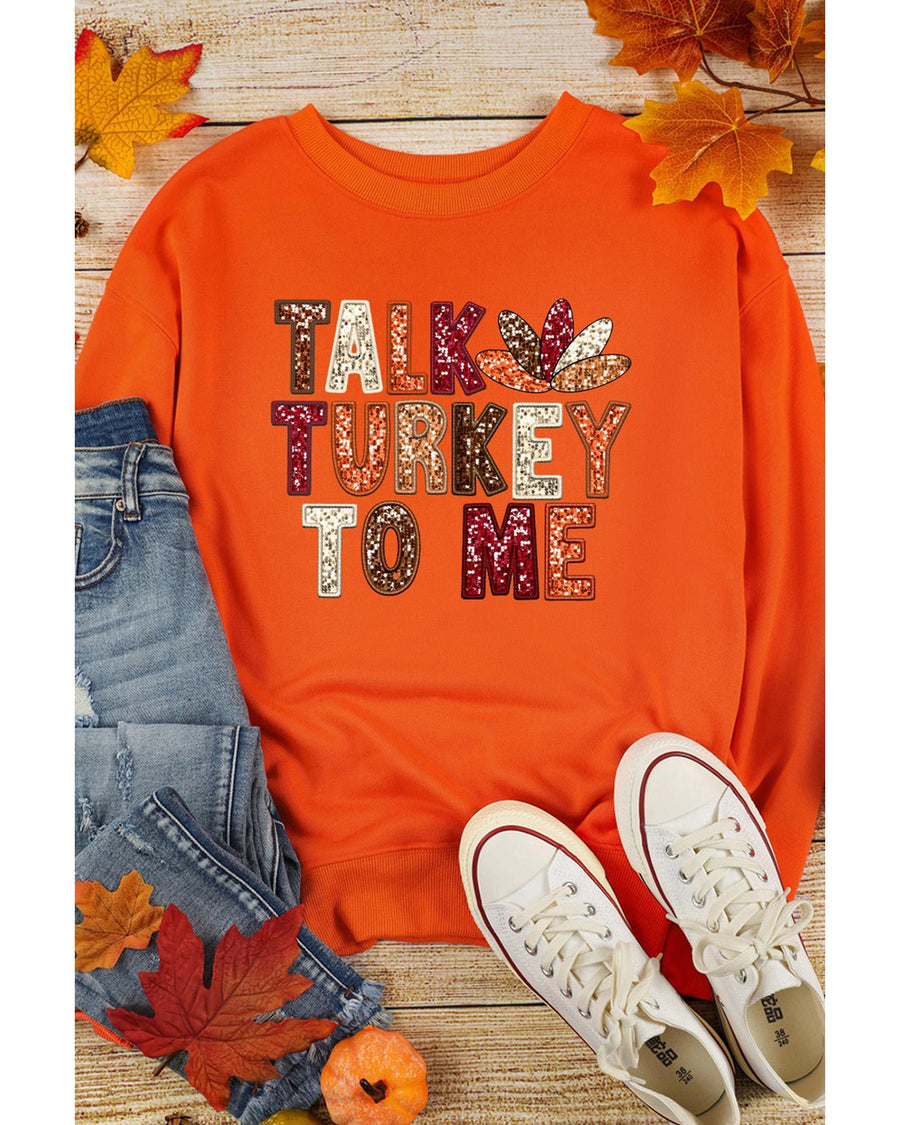 Orange TALK TURKEY TO ME Heat Transfer Printing Graphic Thanksgiving Holiday Sweatshirt - XL