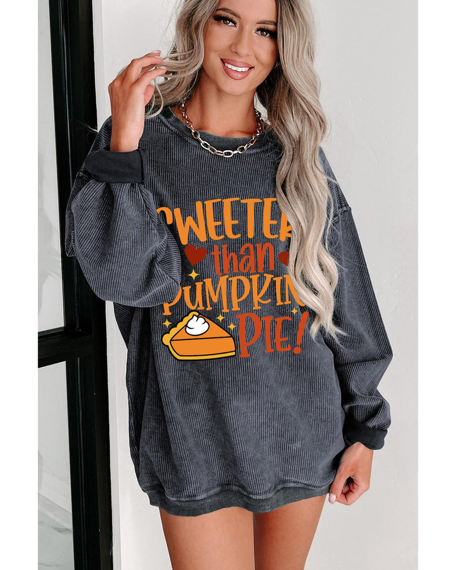 Gray Sweeter Than Pumpkin Pie Graphic Thanksgiving Corded Sweatshirt - S