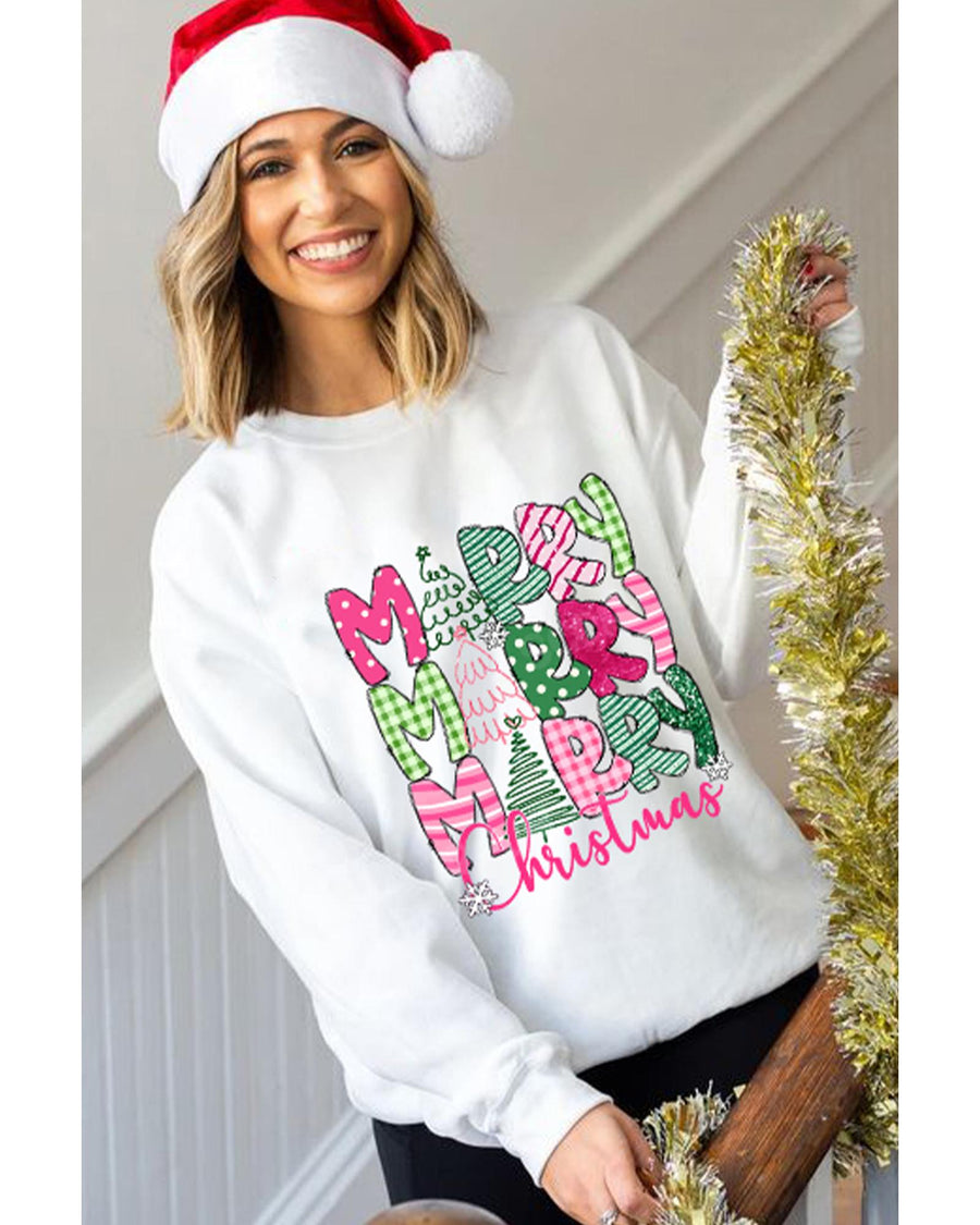 Beige MERRY Christmas Printed Drop Shoulder Pullover Sweatshirt - L