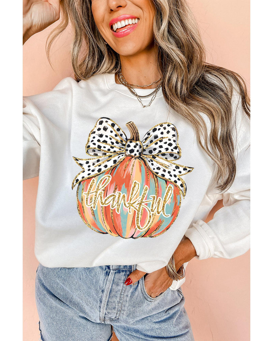 Beige Polka Dot Bow Knot Pumpkin Print Thanksgiving Sweatshirt - S
