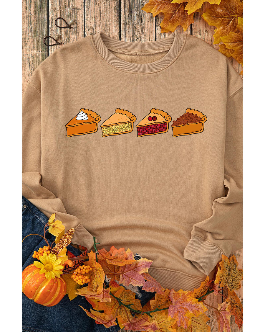Khaki Thanksgiving Pie Print Drop Shoulder Sweatshirt - XL
