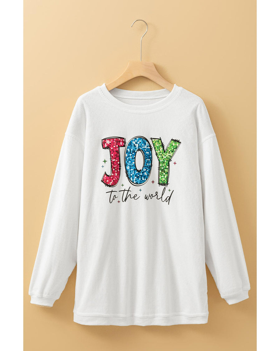 White JOY to the world Ribbed Crewneck Pullover Sweatshirt - M