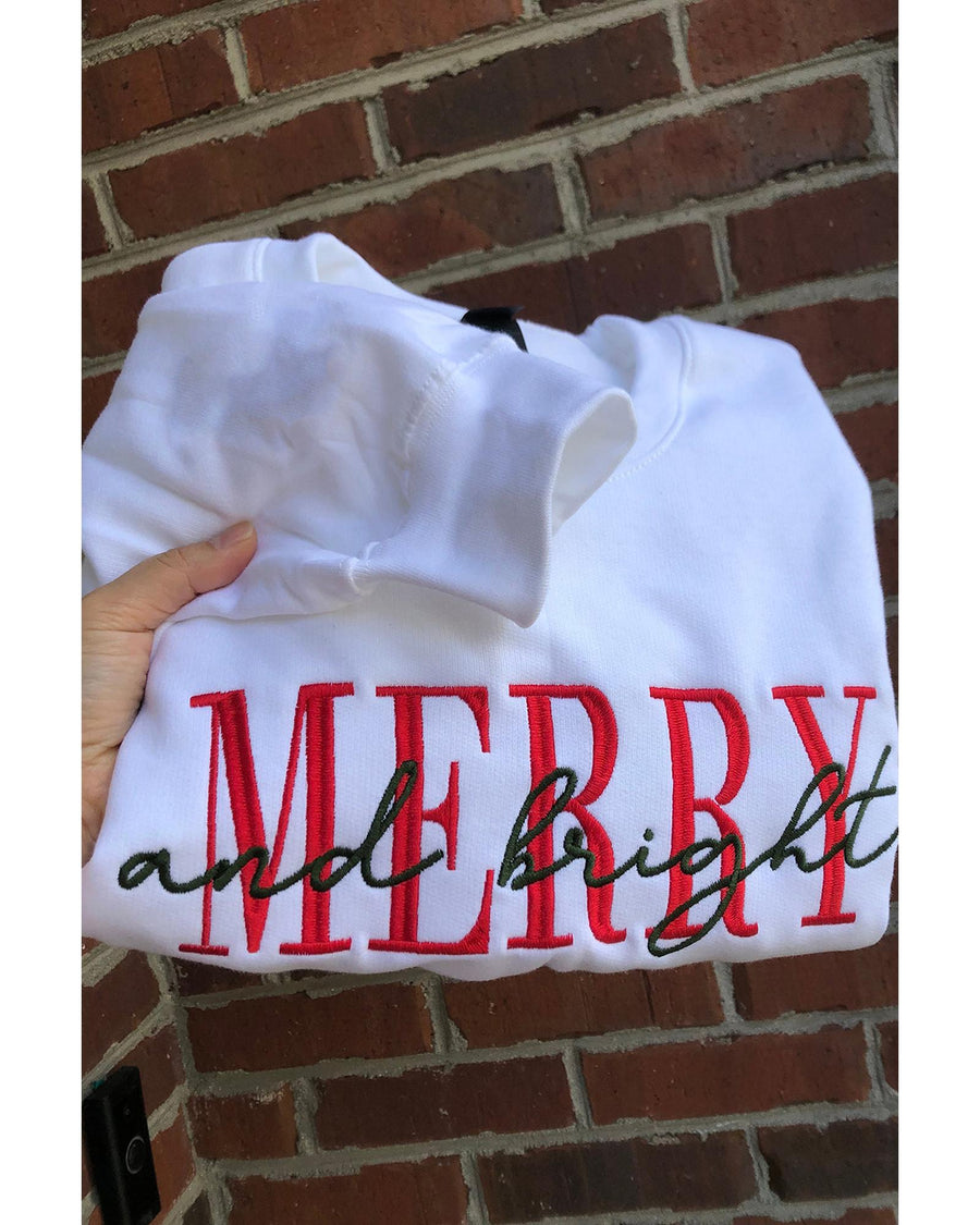 Beige MERRY and bright Embroidered Letter Graphic Sweatshirt - S