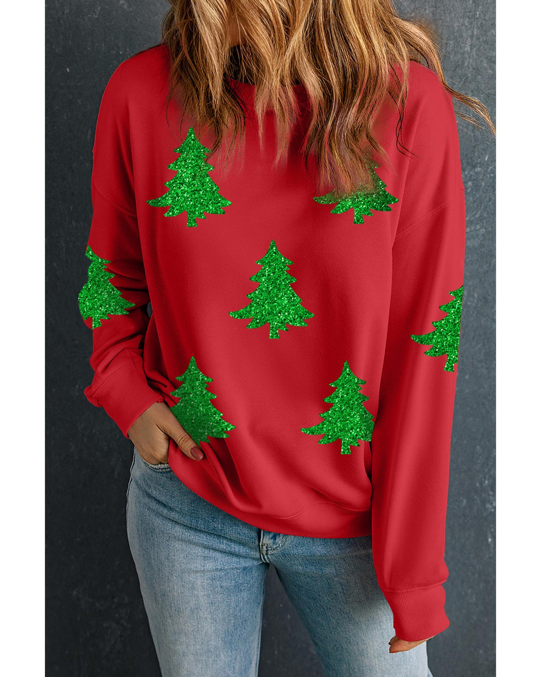 Red Christmas Tree Printed Holiday Fashion Sweatshirt - L