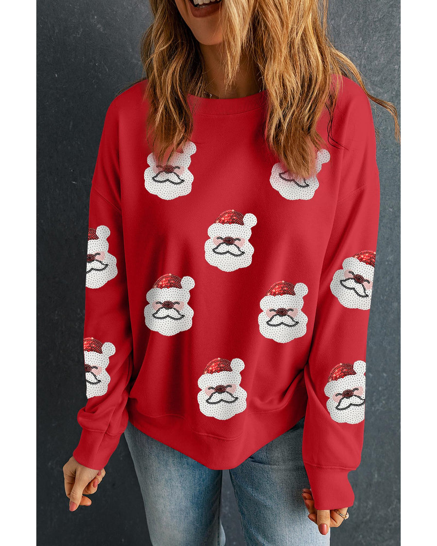 Red Sequin Santa Clause Patched Christmas Pullover Sweatshirt - XL