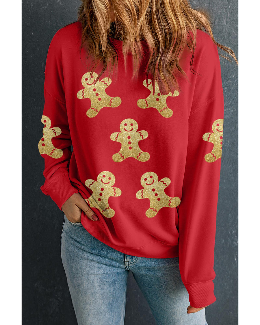 Red Cute Gingerbread Print Christmas Pullover Sweatshirt - XL