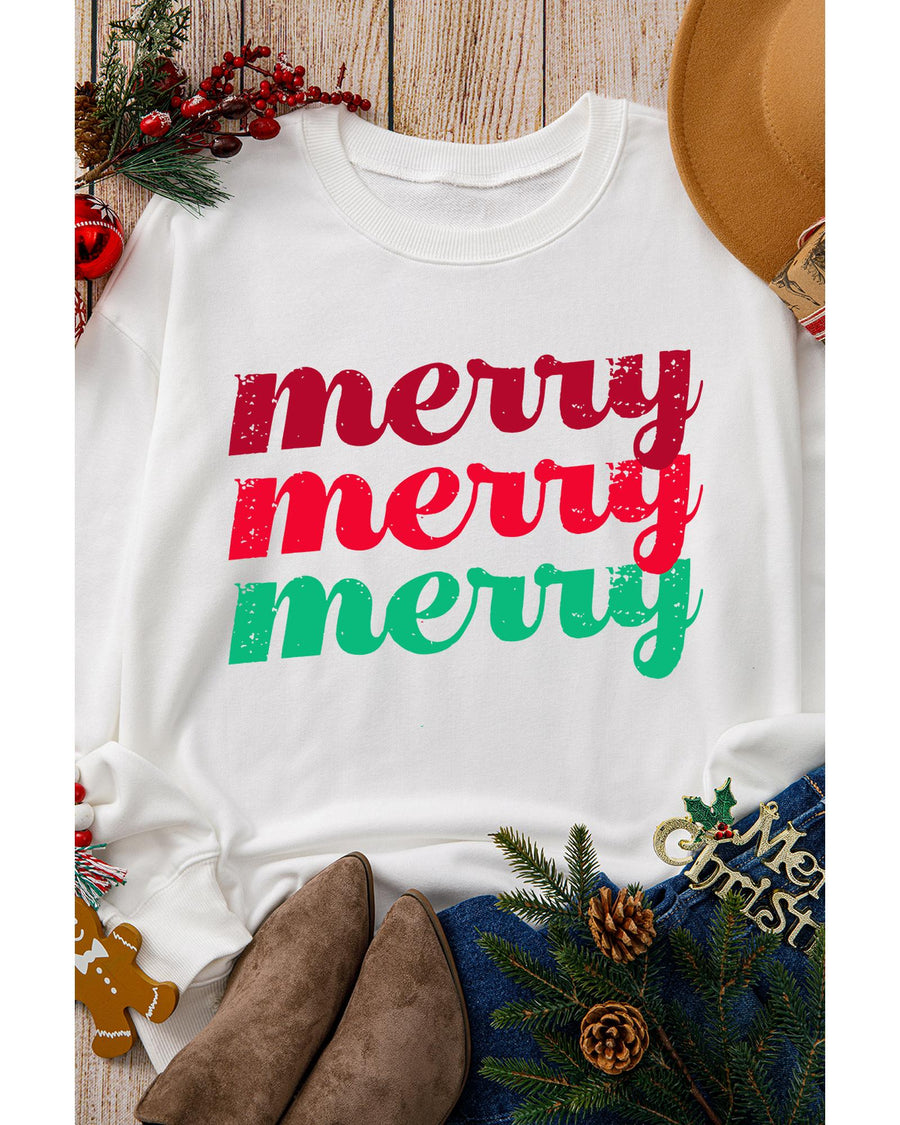 Beige merry merry merry Printed Christmas Sweatshirt - M