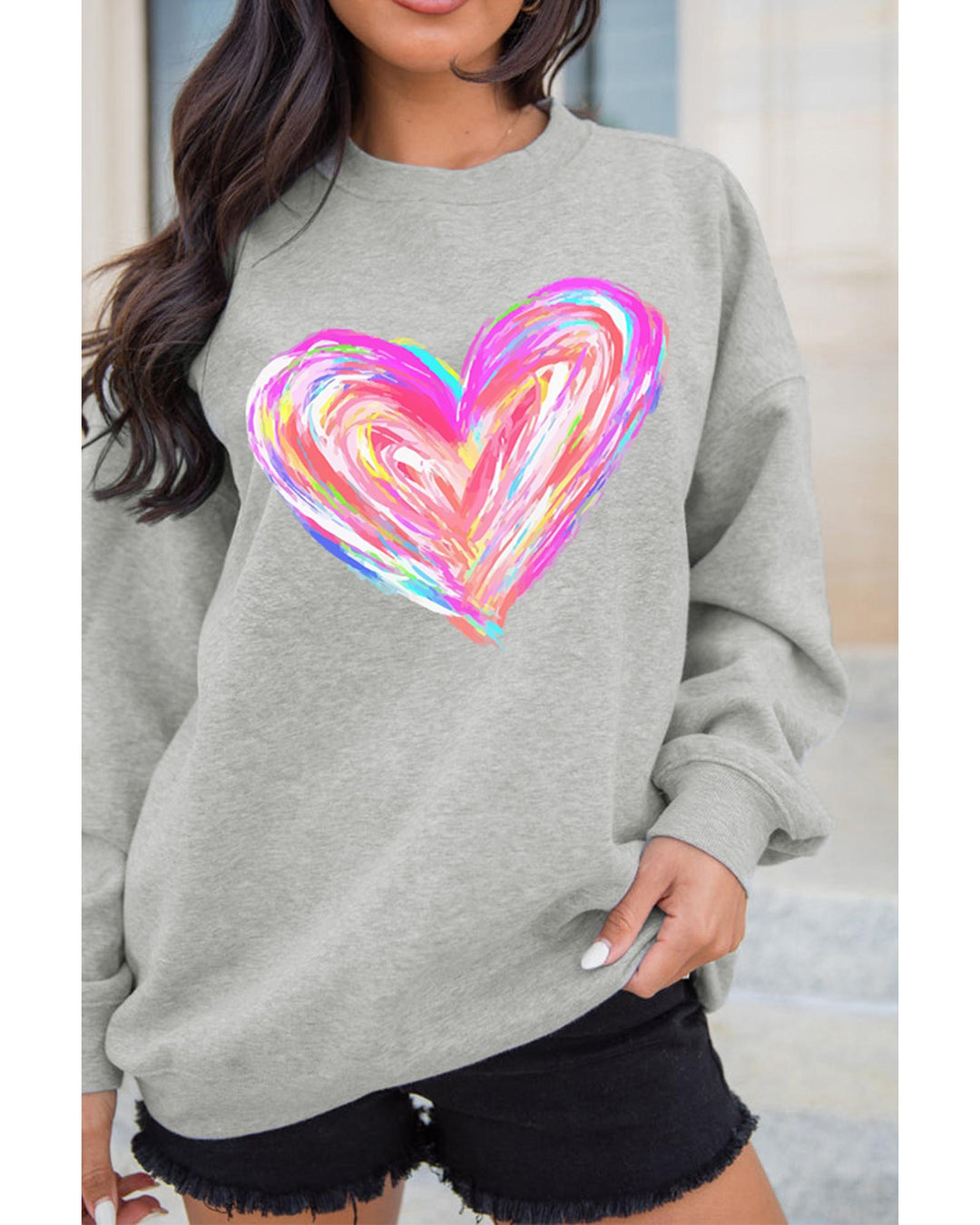 Gray Valentines Brushwork Heart Graphic Drop Shoulder Sweatshirt - S