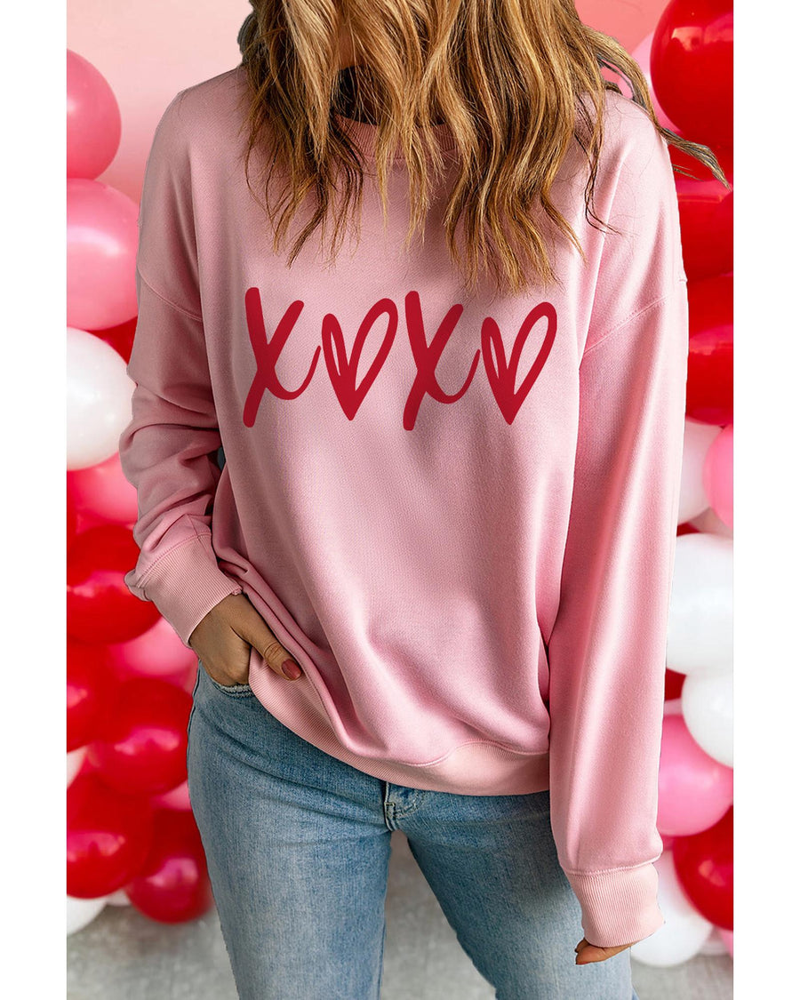Pink Heart XOXO Graphic Crewneck Drop Shoulder Valentines Sweatshirt - M