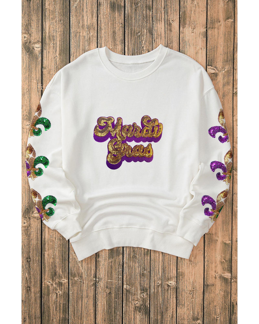 Beige Sequin Mardi Gras Patched Pattern Fleur de Lis Sleeve Sweatshirt - M