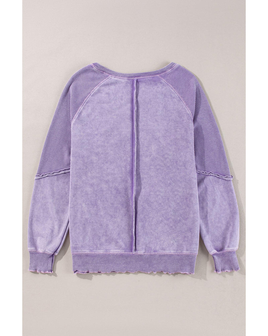 Orchid Petal Mardi Gras Patched Pattern Waffle Patchwork Sweatshirt - M