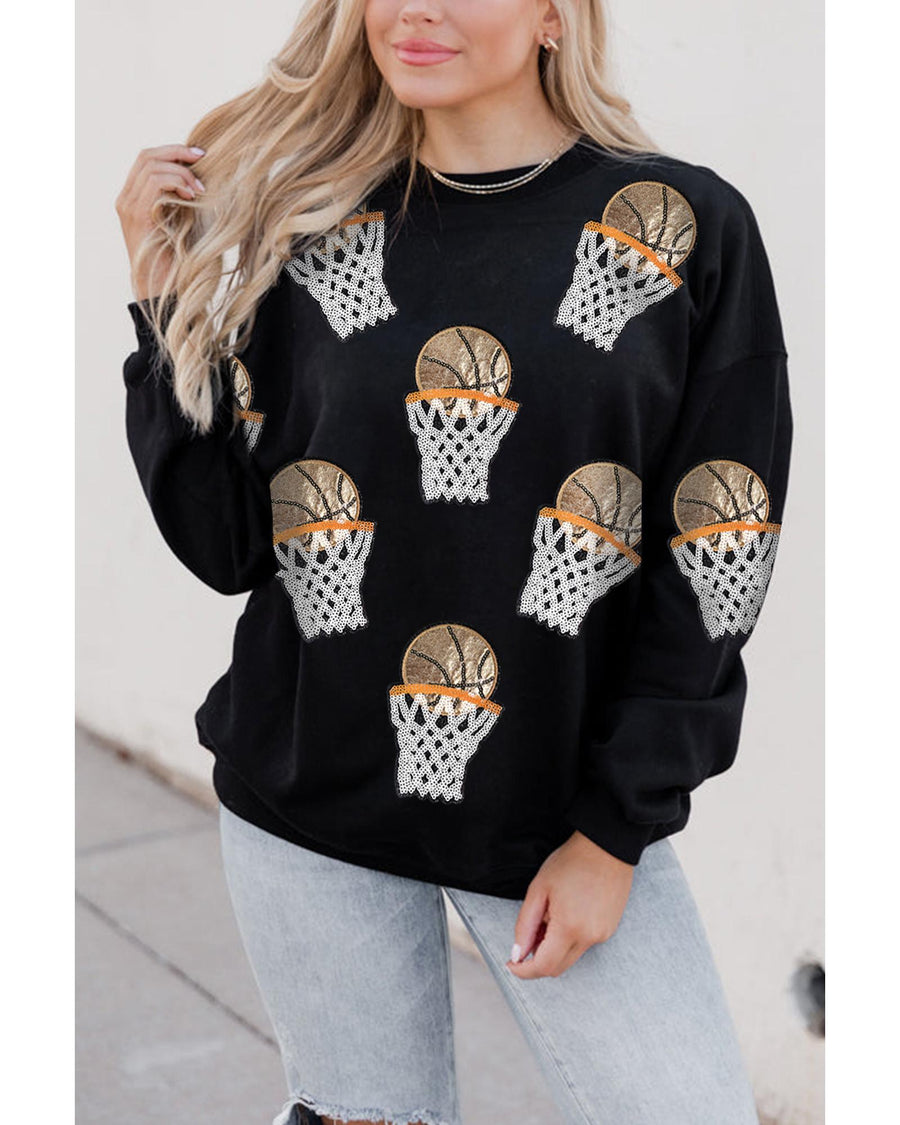 Black Basketball Patched Game Day Crew Neck Graphic Sweatshirt - L