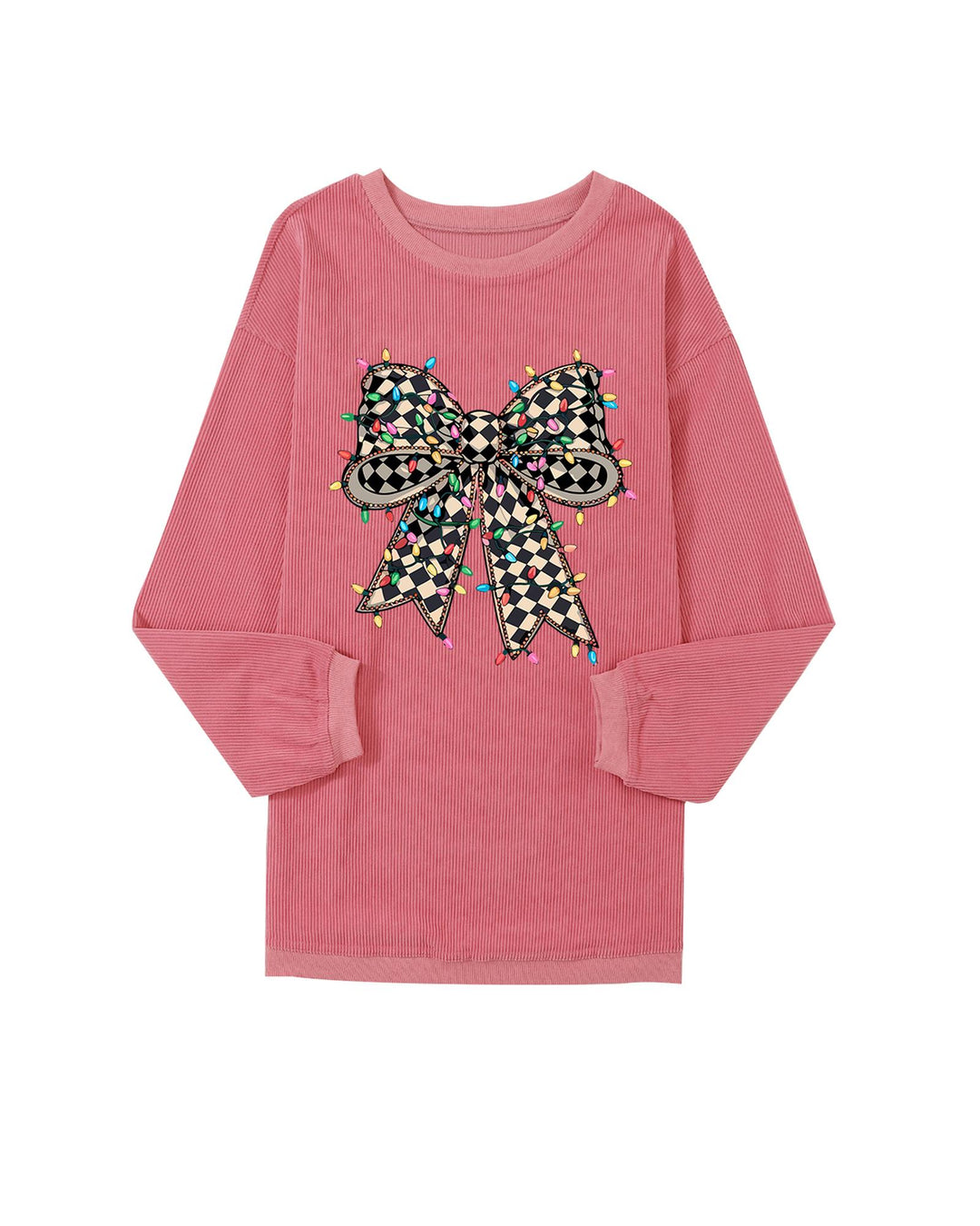 Strawberry Pink Checkered Bow Print Ribbed Crew Neck Pullover Sweatshirt - M