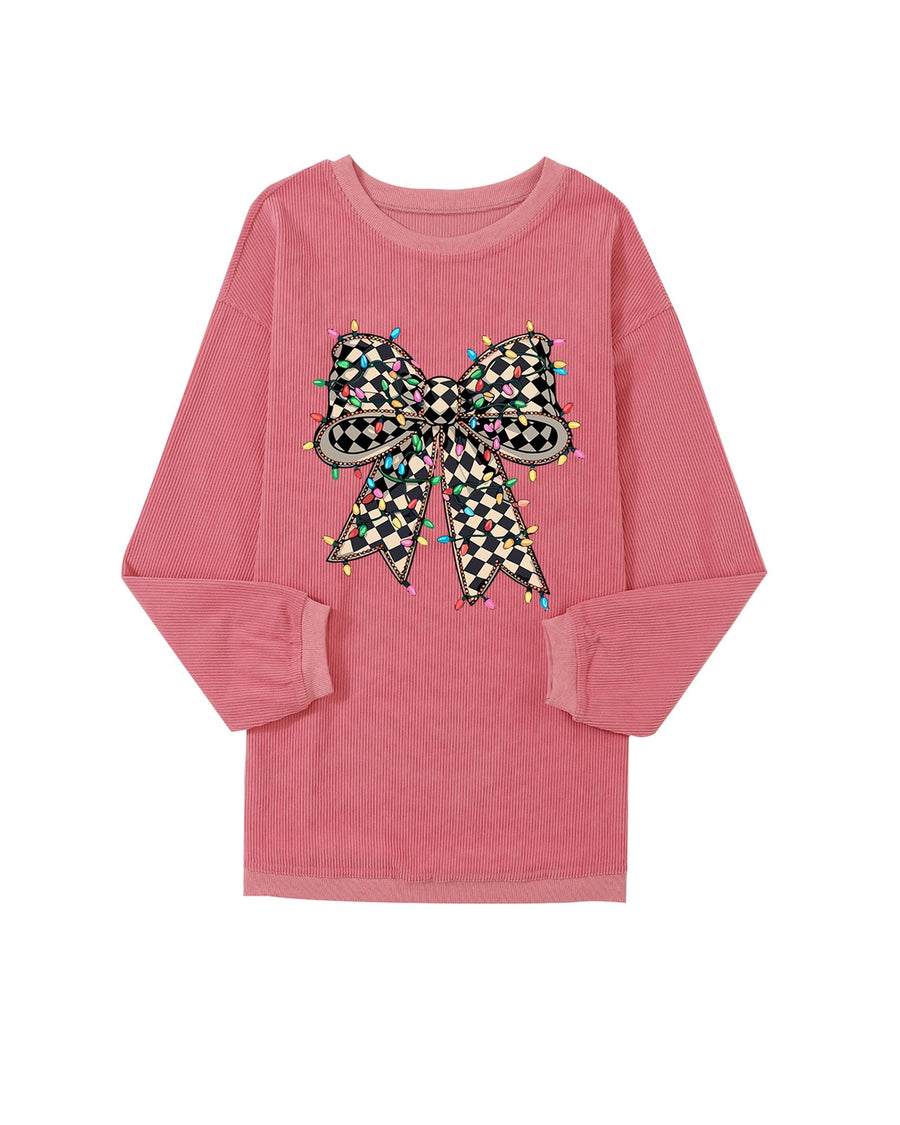 Strawberry Pink Checkered Bow Print Ribbed Crew Neck Pullover Sweatshirt - M