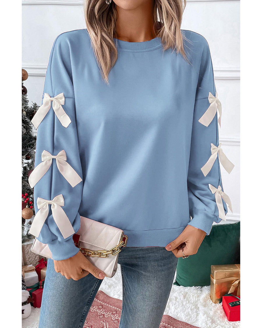 Myosotis Contrast Bow Decor Dropped Sleeve Crewneck Sweatshirt - M
