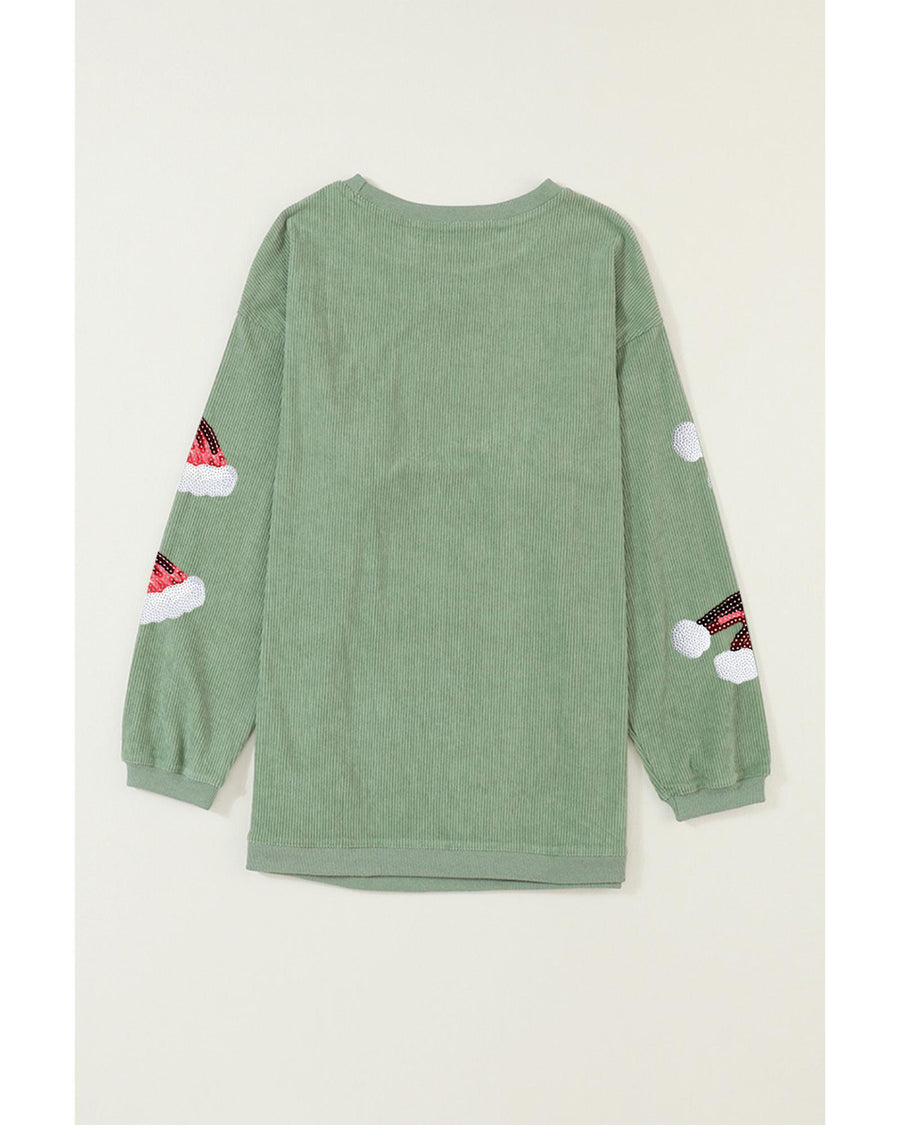 Grass Green Sequined Christmas Hat Graphic Winter Corded Sweatshirt - L